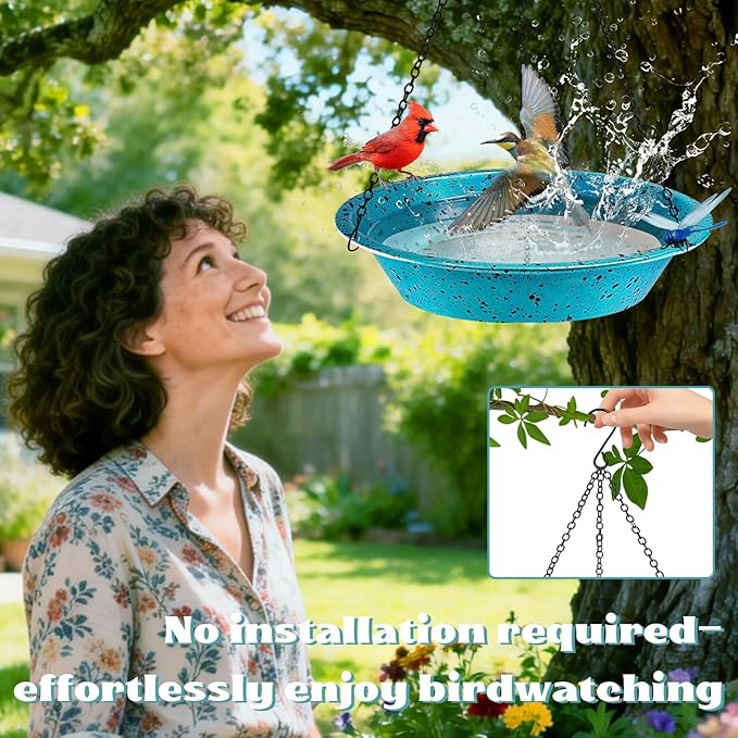 Hanging Birdbath Bird Feeder for Outdoor 11.4 inch Metal Bird Bath Bowl with Detachable Black Chain Hook Metal Dragonfly Birdbath for Garden Yard Patio Decor, Gift for Bird Lovers (Lake Blue)