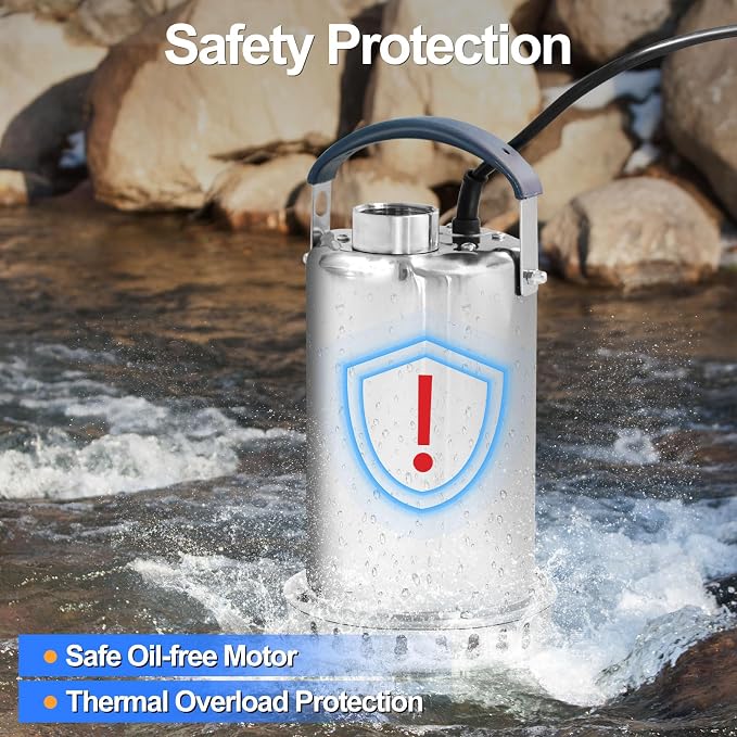 Submersible Sump Pump Stainless Steel Water Pump 1HP 3700GPH | Swimming Pool Tub Basement Garden Ponds Draining Water Transfer Water Electric Portable Utility Pump Low Water Level