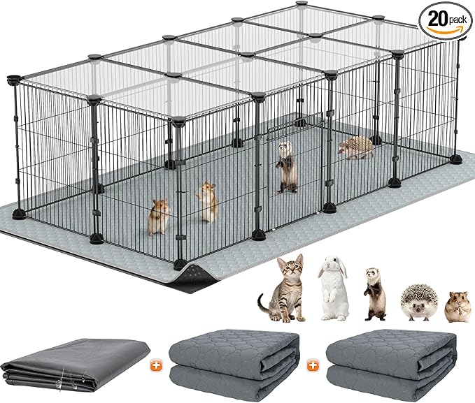 Tinnmao 20 Panels Small Animal Playpen with Roof, Waterproof Base Mat + 2PCS Washable Pee Pads, Indoor Denser & Thicker C&C Grid Cage for Guinea Pigs Rabbit Puppy Kitty Accessories (Black Metal Frame)
