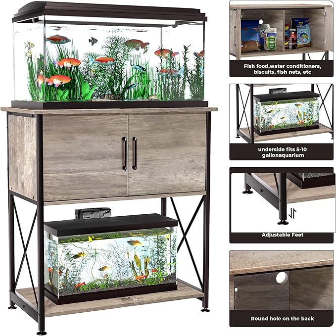 Herture 20-29 Gallon Aquarium Stand Metal Frame Fish Tank Stand with Cabinet Storage, for 20 Gallon Long Aquarium,30.7" L*16.5" W Tabletop,330LBS Capacity Grey PG01YGZ