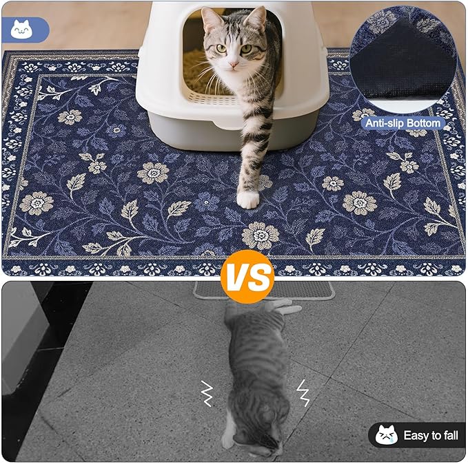 Glittme Cat Litter Mat with Non-Slip Bottom Litter Box Mat 33"X22" Litter Trapping Mat Easy to Clean Washable Cat Food Mat for Kitty,L