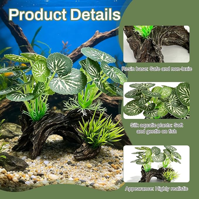 Silk Aquarium Plants with Artificial Driftwood | Soft silk plants with resin driftwood, safe for fish, lifelike, durable, fits small & large tanks, maintenance-free.