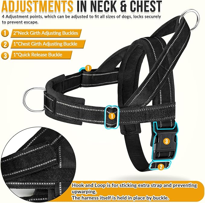 Lukovee No Pull Dog Harness & Leash Set - Heavy Duty Dog Vest Harness with Soft Padded for Medium Large Dogs, Adjustable Reflective Tactical Pet Harness for Easy Walk and Training (L, Black)