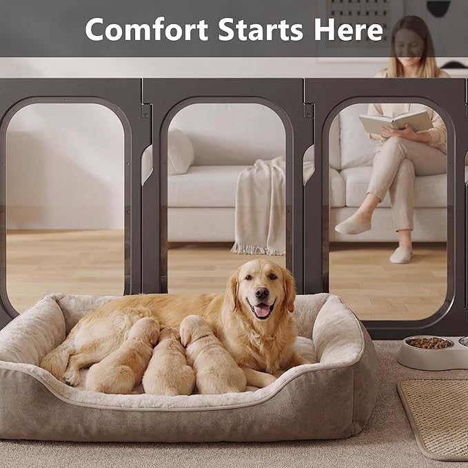 Acrylic Clear Dog Playpen Indoor with Door, 26'' H Transparent Dog Play Pen for Small Dogs, No-Connector Modular Puppy Playpen with Integrated Suction Cups Base, 12 Panels, Black
