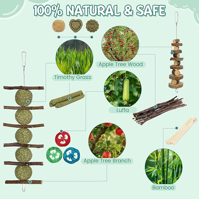 Rabbit Toys Bunny Chew Toys for Teeth, Treats for Chinchilla Rat Squirrel with Natural Apple Wood & Timothy Hay Sticks, Guinea Pig Enrichment Toys Hamster Cage Accessories for Small Pets Indoor