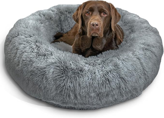 Best Friends by Sheri The Original Calming Donut Dog Bed for Large Dogs up to 100 lbs, Shag Faux Fur, Gray, Large, 36" x 36"