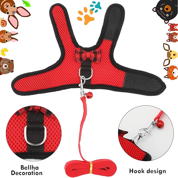 SATINIOR 2 Pieces Guinea Pig Bunny Harness Soft Mesh Hamster Rat Leash with Safe Bell, Ferret Pig Clothes and Leash Set for Hamster Ferrets Rats Bunny Guinea Chinchilla Teacup Chihuahua(S,Black, Red)