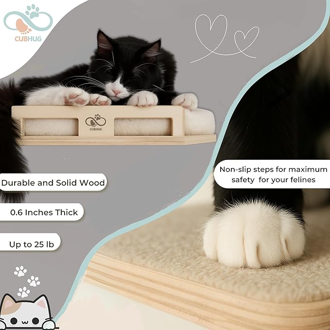 Cat Wall Shelves for Cats & Kitten up to 25 lb – Solid Wood Cozy Corner Bed + Cushion with 2 Washable Covers +3 Wooden Steps, Safe Haven for Indoor Cats, Cat Shelves for Wall, Wood Color