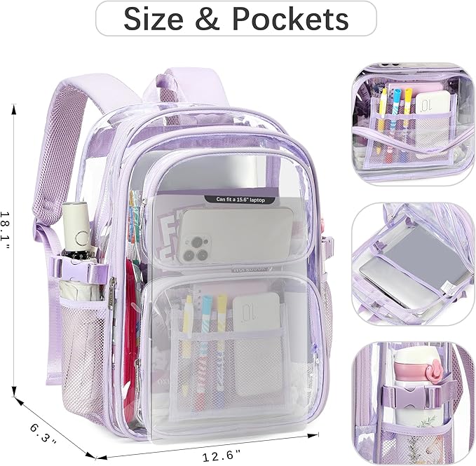abshoo Large Heavy Duty Girls Clear Backpack for School Bookbag Transparent Multi Pocket Backpacks for Women (Light Purple)