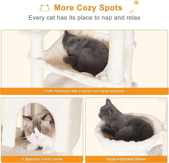 Heybly Cat Tree, 70 inches Tall Cat Tower Condo with Toy for Indoor Large Cats, Cat House Furniture with Padded Plush Perch, Cozy Hammock and Sisal Scratching Posts, Beige HCT032M