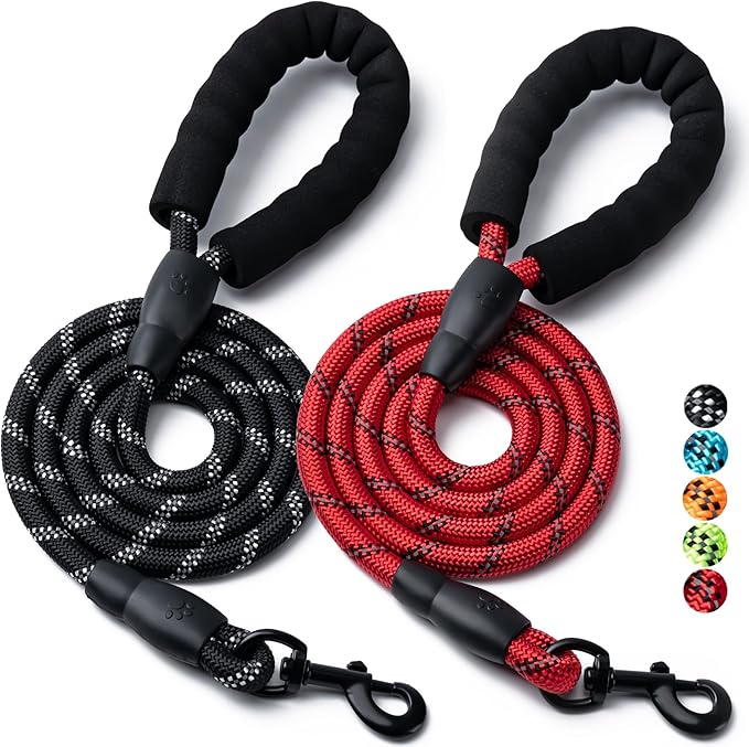 2 Pack Dog Leash, 4/5//6 FT Heavy Duty Nylon Rope Pet Leashes with Comfortable Padded Handle, Reflective Dog Leashes for Small Medium and Large Dogs (5FT-3/8,Black/Red)