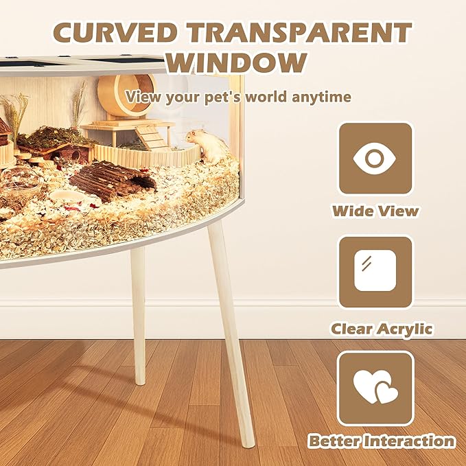 Prolee Hamster Cage with Curved Design,Chew Proof Wooden Hamsters Enclosure with Leg Stand and Openable Top or Gerbils,Hamster Habitat (40"x20"x20")
