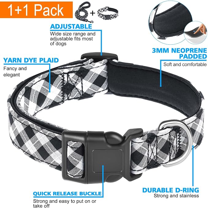 Ladoogo Reflective Dog Collar Padded with Soft Neoprene Breathable Adjustable Nylon Dog Collars for Small Medium Large Dogs (Large (Pack of 1), Black Plaid Collar+Leash)