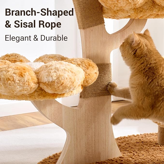Aesthetic Flower Cat Tree Tower with Scratching Post for Indoor Cats, 37" Modern Cat Tree with Wood Sculpted Branch, Flower Cat Beds, Scratching Board & Interactive Squeaky Toy, Sunset Brown