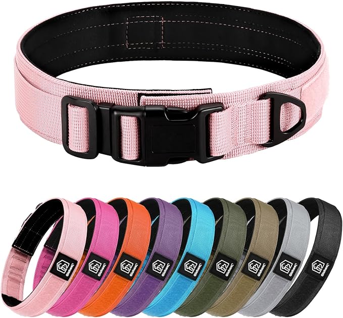 Tactical Durable Dog Collar, Metal D-Ring, Adjustable Heavy Duty Dog Collar with Heavy Quick-Release Buckle for Medium Large Dogs (Pink, M)