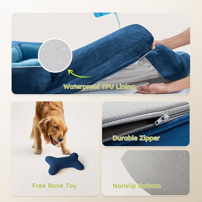 CWAWZ Dog Beds for Large Dogs, Orthopedic Dog Bed with Cooling Gel Memory Foam, Waterproof Large Pet Bed with Removable Washable Cover, 36" Pet Sofa Couch Dutch Velvet with Bone Toy, Navy Blue