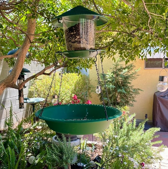 Hanging Bird Feeder Tray with Drainage Holes for Outside, Bird Seed Catcher Tray, Feeding Station (14 inch, Green)
