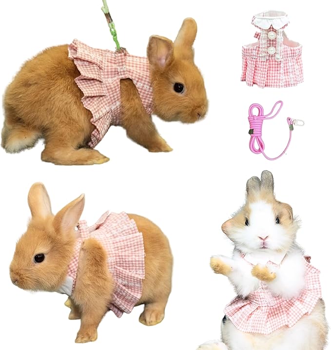 SMOLKITH Rabbit Clothes - Bunny Adjustable Pink Checkered Dress with Leash, Small Animal Apparel for Walking - Fits Guinea Pigs, Chinchillas, Meerkats, Prairie Dogs, Pet Rats and More