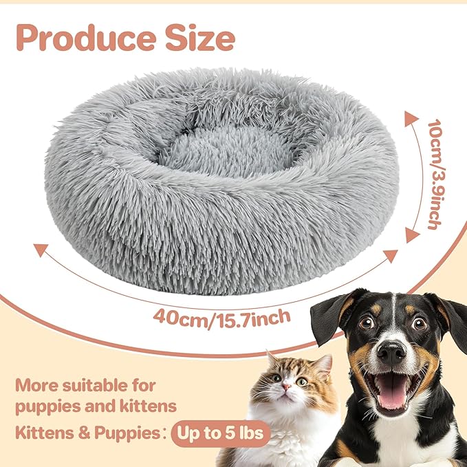 RAINFLOW Cat Bed - Calming Cat Bed for Small Kittens Donut Washable Round for Indoor Kittens and Puppies, Anti-Slip Round Fluffy Plush Faux Fur, Medium, Light Grey