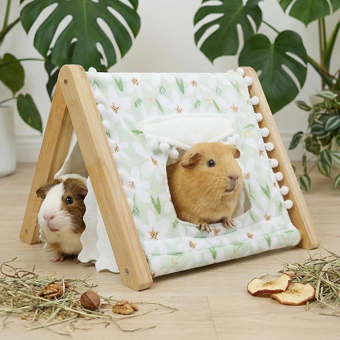 Guinea Pig Hideout, Sturdy Bamboo Small Animal House with Window, Rabbit Bunny Tunnel, Easy to Assemble for Hamsters Bunny Rat Chinchillas Playing Hiding, Guinea Pig Cage Accessories, Green