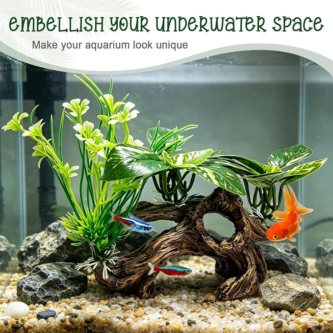 Fish Tank Decor, Artificial Driftwood Cave with Silk Aquarium Plants | Realistic Hideout Ornament for Betta, Small Fish – Aquascaping Accessory with Natural Look, Safe for Freshwater Tanks