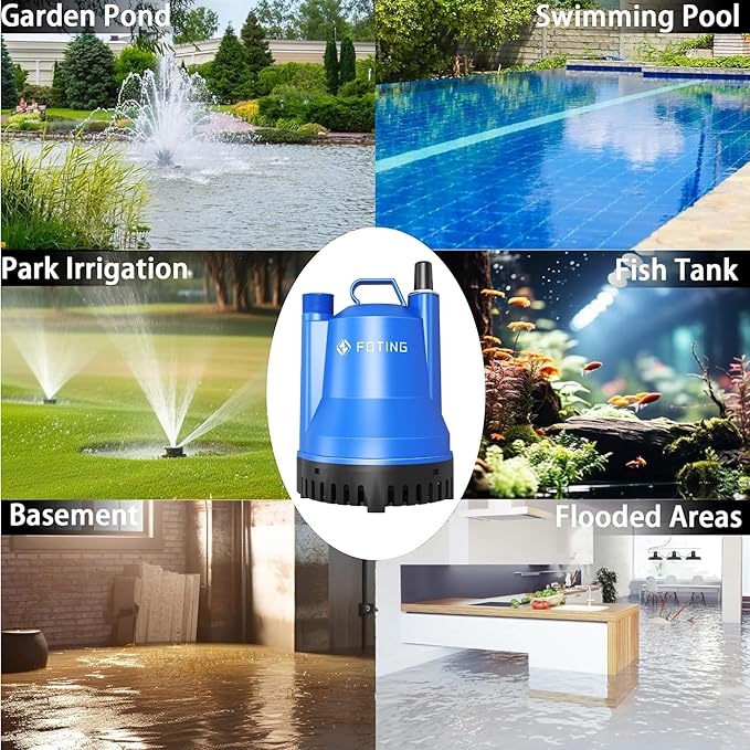 FOTING Sump Pump, 1/4HP 1676GPH Portable Submersible Water Pump for Clean&Dirty Water Removal, Thermoplastic Electric Utility Pump with 10FT Cord for Pool Draining Hot Tub Garden Basement, Blue