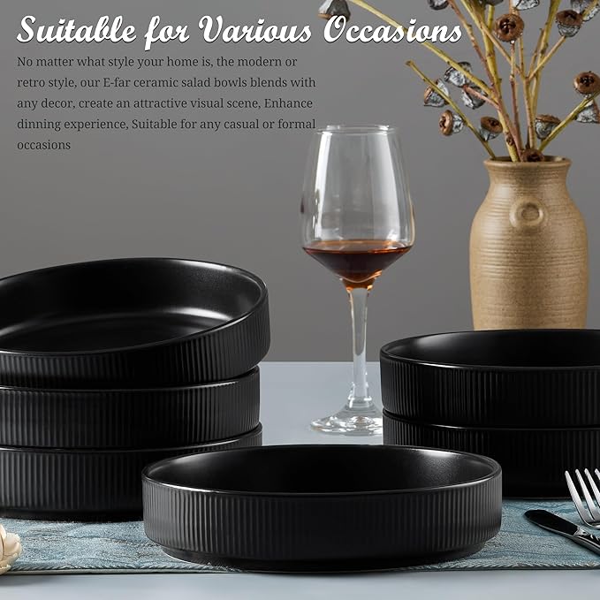 E-far Pasta Bowls Set of 6, 35oz Large Salad Bowl Plate for Dinner Serving Soup, Wide & Shallow Ceramic Stoneware Pasta Plates, Microwave & Dishwasher Safe, Reactive Glaze Texture-Stripe, Matte Black