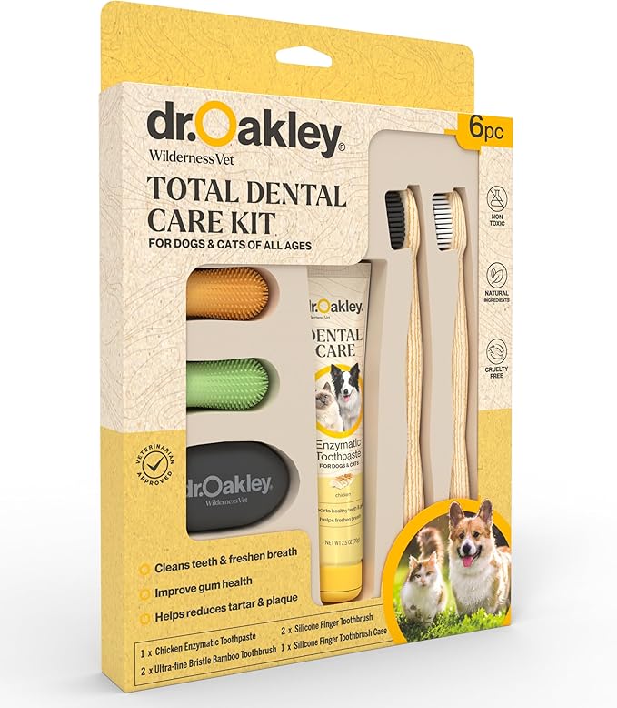 Dr. Oakley Dental Toothbrush Kit for Dogs & Cats -Finger Brush for Small Pets and Soft Brushes for Large or Older Natural and Safe Chicken Flavor -
