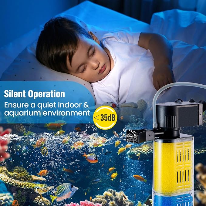 3-in-1 Aquarium Filter for 30-100 Gallons Fish & Turtle Tank Filter | Bio-Sponge Filter 18W 400GPH Quiet Submersible Pump, Easy Clean & Install, Adjustable Bubbles for Aeration, Water Circulation