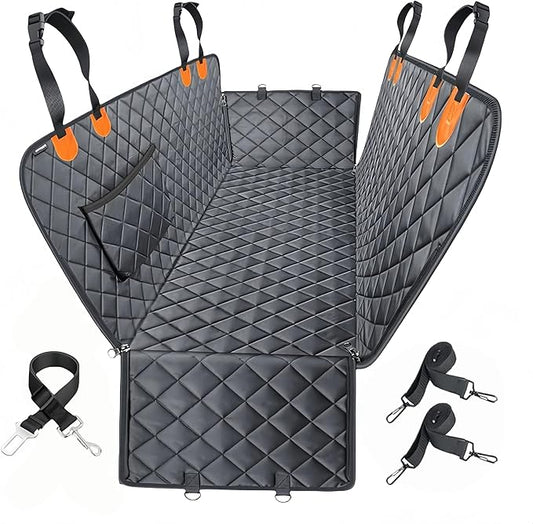 Dog Car Seat Cover for Back Seat,Heavy Duty Dog Hammock for Car with Side Flap,100% Waterproof Pet Backseat Cover, Anti-Scratch Nonslip Pet Seat Protector for Cars Trucks and SUV (Black with Orange)