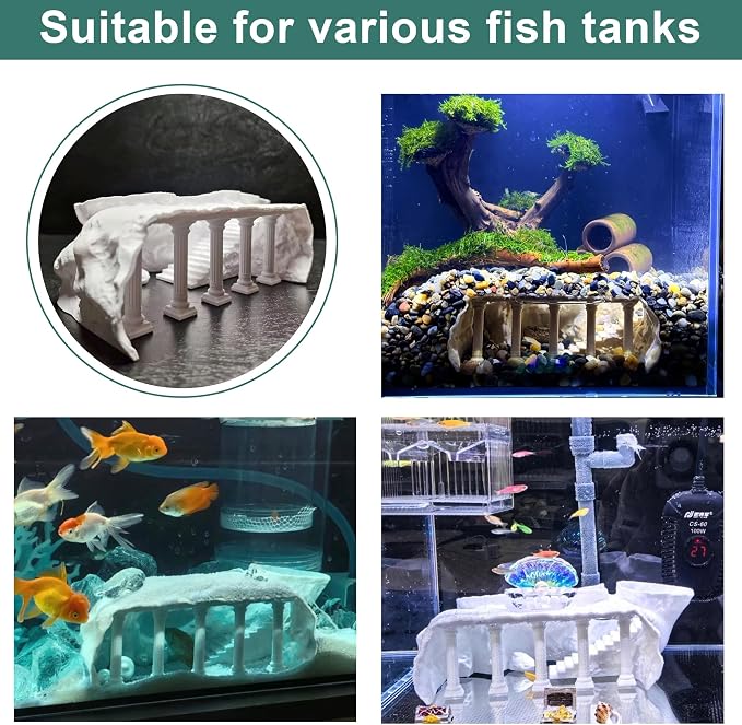 LIYAOLI Aquarium Ornaments Cave Tunnel with Viewing Ports | Fish Tank Decoration Hideout for Pleco, Shrimp & Corydoras | Substrate-Friendly Design & Sinking Base (S - Roman Columns - White)