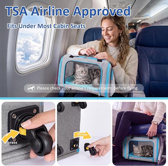 Rolling Pet Carrier with Detachable Wheels - 18x11x11 TSA Airline Approved for Southwest Delta United American, Soft Sided Expandable Travel Bag for Small Dogs & Cats up to 15Lbs, Fits Under Seat