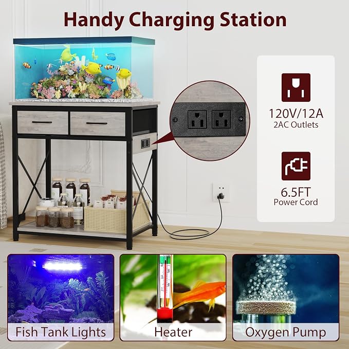 20-29-37 Gallon Fish Tank Stand with Power Outlets and 2 Drawers, Grey | Heavy duty metal frame holds up to 400 pounds with a lower shelf for a second aquarium, turtle tank or reptile terrarium