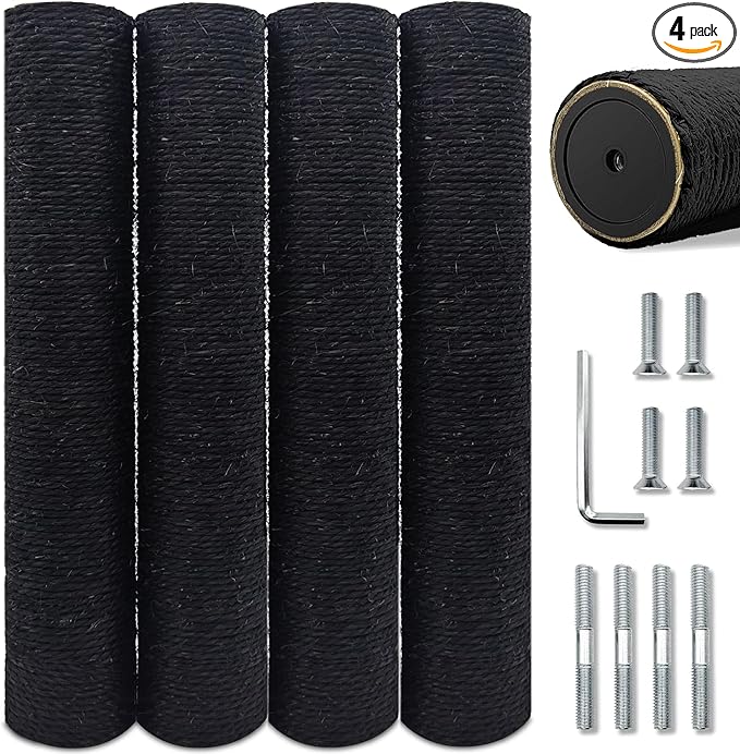Gothic & Goth Cat Tree Tower Replacement Post - Black, 4 Pack, 15.7in Scratching Post Pole with M8 Screws, Natural Sisal for Cat Tree Repair & Rebuild