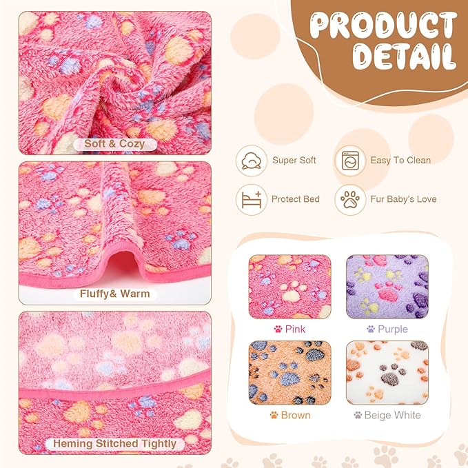 Tatuo 4 Pack Fleece Dog Blankets for Puppy Cats Multi-Size Sleep Mat for Pet Guinea Pig Soft Washable Warm Crate Bed Puppy Teething Toys Print Pattern Blanket Indoor(Mixed Color,24 x 16 Inch,Paw)