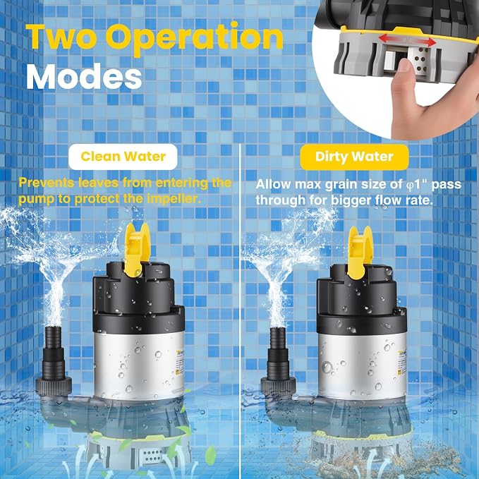 1 HP Sump Pump 4000 GPH Clean/Dirty Stainless Steel Submersible Water Pump Portable Electric Utility Pump with Folding Handle for Swimming Pool Garden Basement Tub Pond Draining