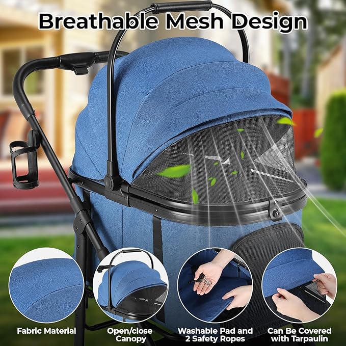 MAMIZO Pet Stroller for Medium Dogs Cats Up to 55 lbs, All-Terrain 3-in-1 Dog Stroller with Detachable Carrier, Rubber Wheels, One-Click Folding, Storage Basket & Cup Holder, for Senior Dogs & Cats