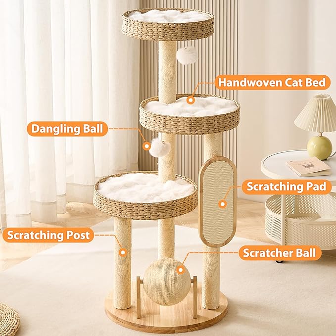 Modern Cat Tree Small Tower with Scratching Post for Indoor, Solid Wood Multifunctional Corner Cat Tree Tower with Bed
