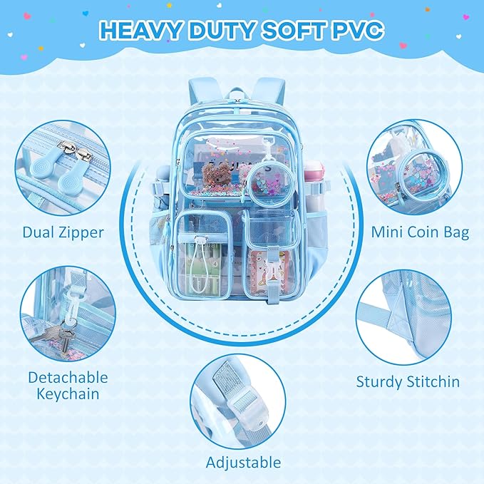 Clear Backpacks for Stadium Events Heavy Duty Clear Bookbag for School Girls Transparent Back Pack, Blue