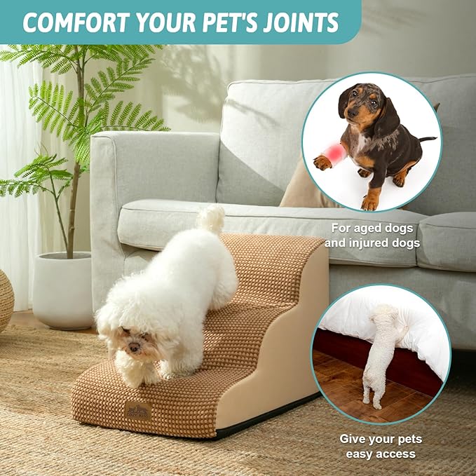 COZY KISS Dog Stairs for Small Dogs 15.7" H, Curved Dog Step for Puppy, Older Cat, Medium Pet Ramp for Sofa, Couch or Chair, Ladder with High Density Foam, 3 Step, 15.7x22.4x15.7 inch, Light Brown