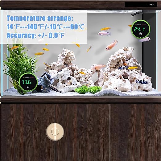 Aquarium Digital Thermometer with LED Touch Screen - Stick-on Fish Tank Thermometer for Betta Tanks, HI/LO Temperature Alarm, Cordless Waterproof Sensor, CR2032 Battery (14-140°F/-10-60°C)