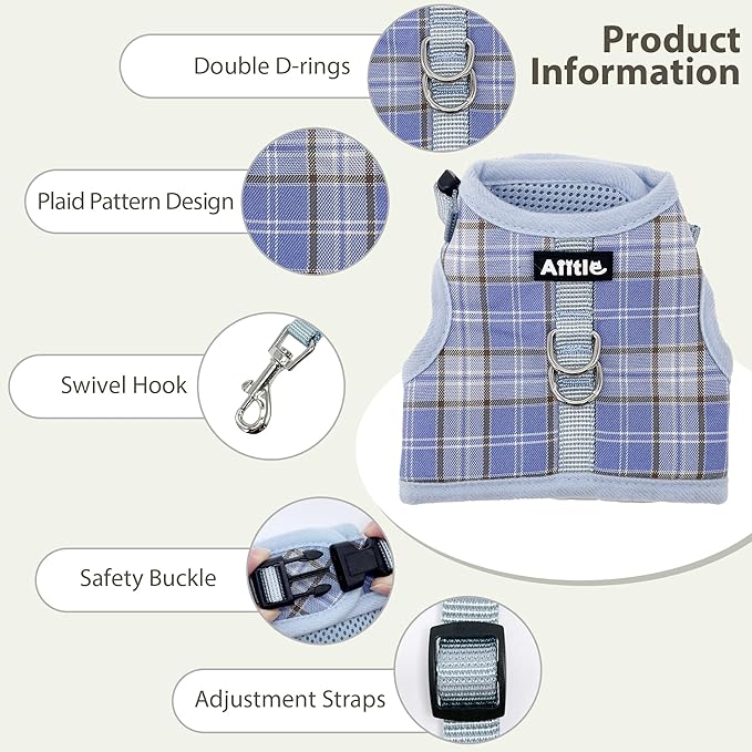 AIITLE Breathable Rabbit Harness and Leash Set - Plaid Pattern Padded Vest with Magic Tape Design, Dual D-Rings, Adjustable for Small Animal Pets, Indoor Outdoor Training Camping, Blue M