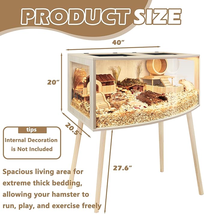Prolee Hamster Cage with Curved Design,Chew Proof Wooden Hamsters Enclosure with Leg Stand and Openable Top or Gerbils,Hamster Habitat (40"x20"x20")