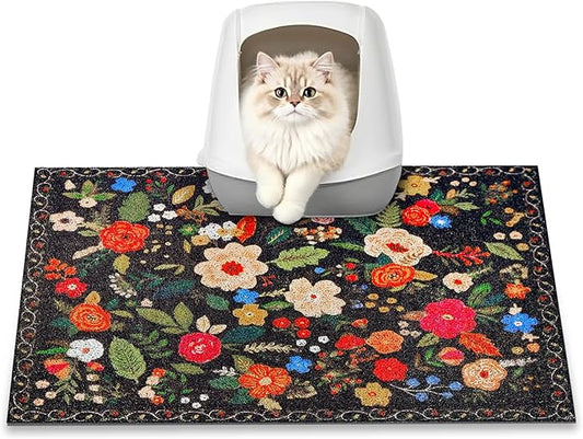 Cat Litter Mat, 24" x 16" Litter Box mat, Traps 100% Litter, Non-Slip Kitty Litter Trapping mats, Small Cute Litter mat, Easy Clean for Scatter Control, Bohe cat Food mat, Urine Waterproof