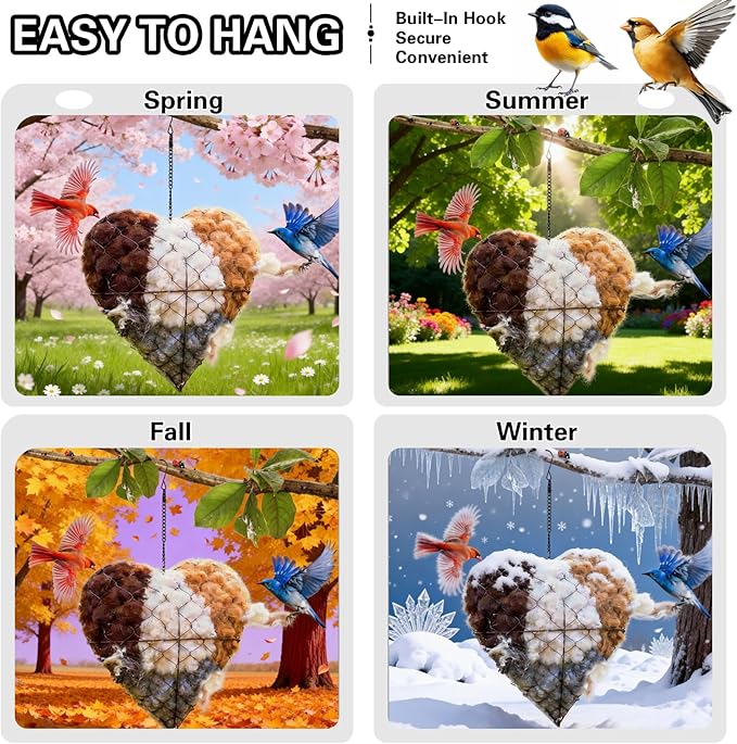 2026 Spring Handmade Fiber Bird Nesting Heart, Nesting Material Holder with Nesting Material, Wild Bird & Hummingbird Winter Shelter, Outdoor Birdhouse & Nest Box, Garden Gift for Bird Lovers