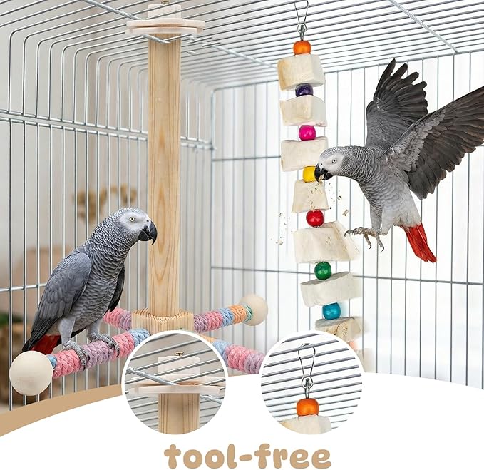 2 Pack Bird Toys Spinning Parrot Perch & 8pcs Cuttlebone String, Bird Cage Accessories for Parakeets Budgies Cockatiels