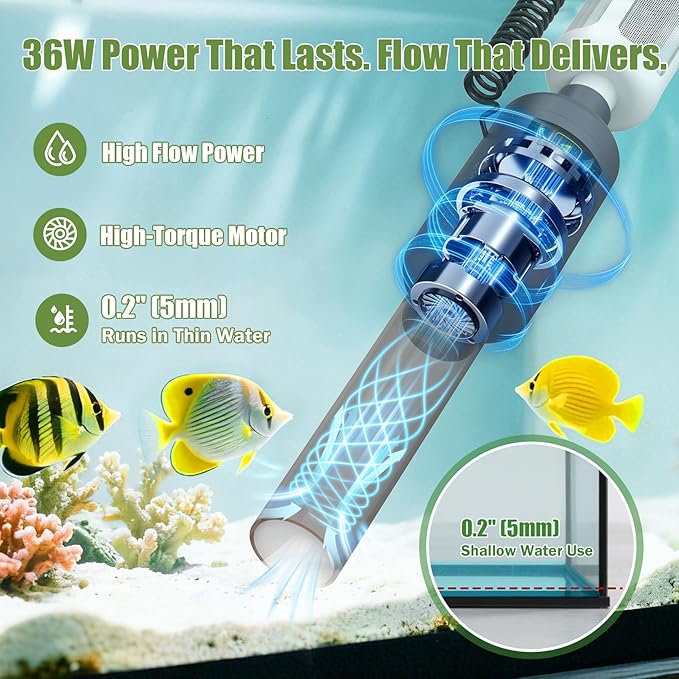 Cordless Aquarium Gravel Cleaner Vacuum: 6-in-1 Electric Fish Tank Cleaner, 36W Rechargeable & 650GPH Strong Suction Automatic Water Changer, Touch Control, Fits 5–150 Gallon Tanks