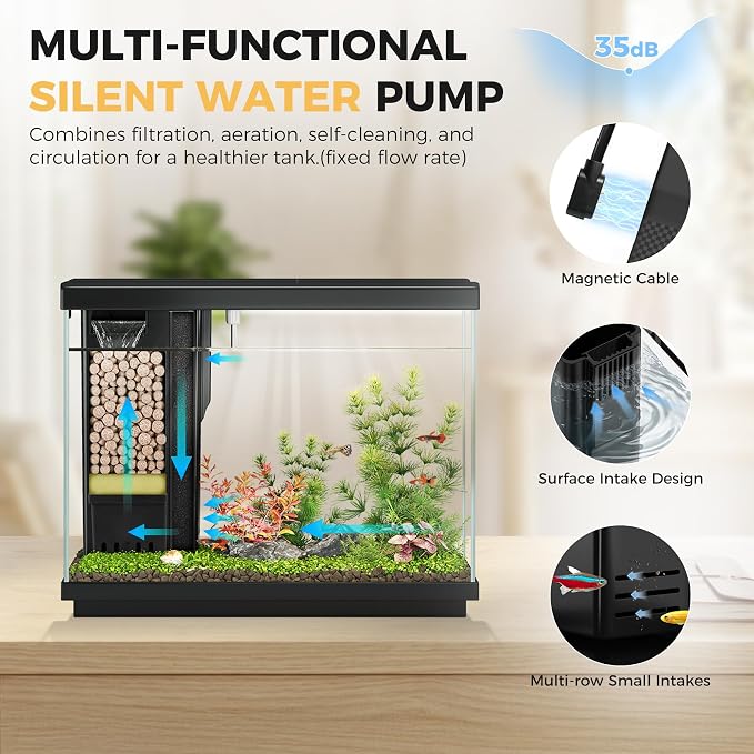2.2 Gallon Small Fish Tank, Betta Fish Aquariums Black | with 4-in-1 Filter Pump, LED Light, Temperature Display, Fan & Surface Intake Design, for Home Office, Beginner Friendly