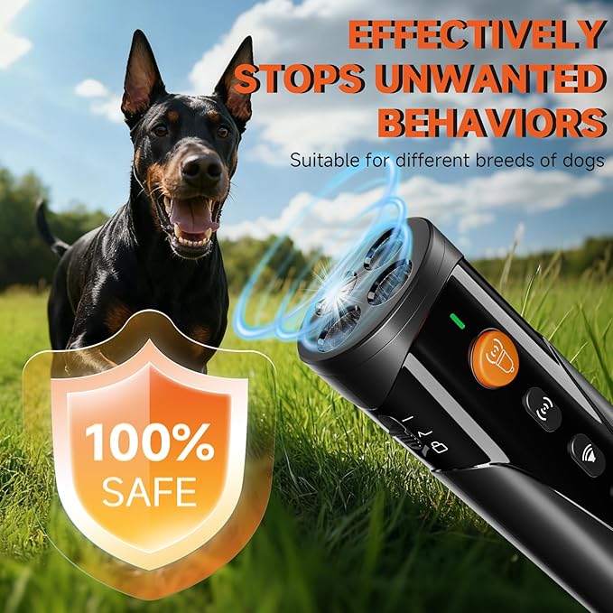 URCHIN Dog Bark Deterrent Device, 3X Ultrasonic Anti Barking Device 6 Modes Dog Trainer Rechargeable & Portable Safe Bark Control Indoor Outdoor for All Dogs with LED Flashlight - Black