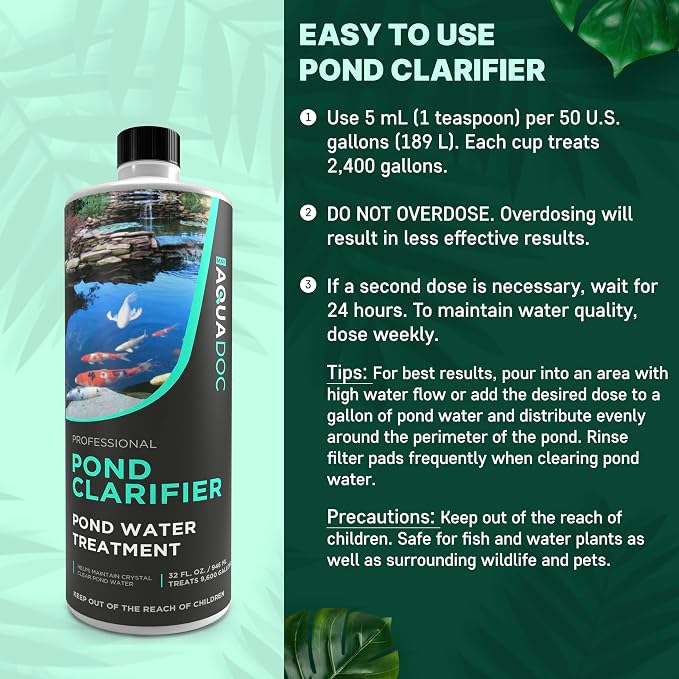 AquaDoc Pond Water Clarifier - Enzyme-Based Treatment for Fish Ponds, 32 oz | Helps Clear Cloudy Water and Reduce Sludge in Koi & Fish Ponds - Made in USA